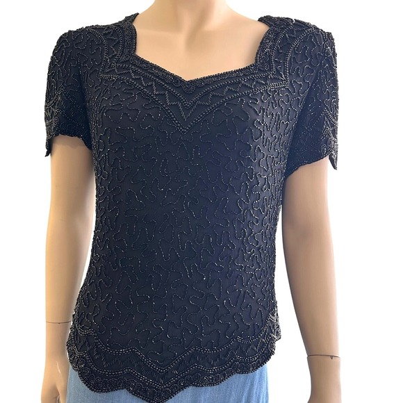 Côte d’Azur Tops - Vintage 80s Cote d'Azur Black Beaded Silk Evening Blouse Sweetheart Top L‎